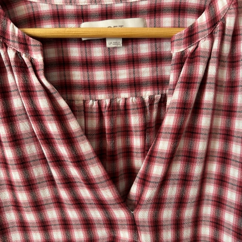 LOFT Burgundy Plaid V-Neck Blouse - Picture 2 of 8